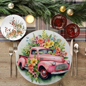 Round floral table mat featuring a vintage pink truck with spring flowers on dark wood