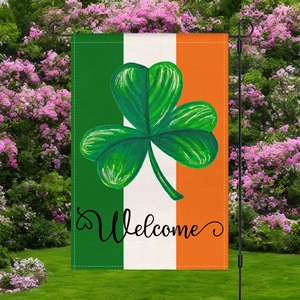 St. Patrick's Day garden flag with green shamrock and Welcome text on yard stake