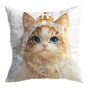 Detailed view of luxury cat pillow cover with blue-eyed cat wearing a golden crown and lace veil