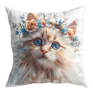 Detail of white square cushion cover with blue-eyed cat and floral wreath print