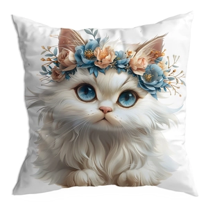 Detail of white square cushion cover featuring a hand-painted cat illustration with flowers