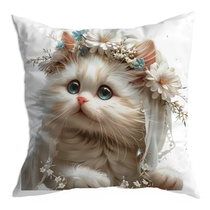 Square white pillowcase featuring a romantic long-haired cat with daisy flower headpiece