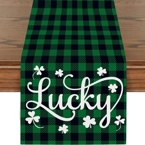 Green and black plaid St. Patrick's Day table runner with Lucky clover design