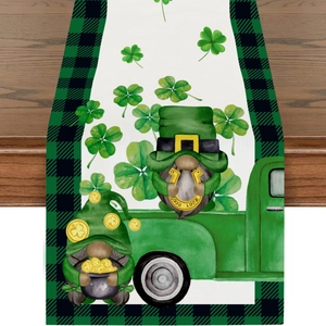 St. Patrick's Day table runner featuring lucky shamrocks, green truck, and gnomes