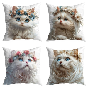 Whimsical Dreamy White Kitten Floral Crown Printed Soft Short Plush Pillowcase Whimsical Cat Pattern Decorative Cushion Cover Home Decor