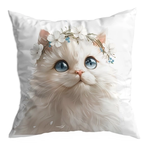White square decorative throw pillow cover with a dreamy long-haired cat and floral crown