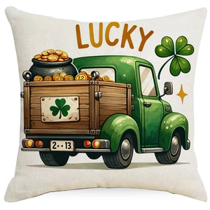 Detail of St. Patrick's Day pillowcase featuring lucky clover and vintage green truck