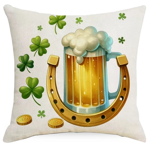 Saint Patrick's Day square linen pillowcase with beer glass and shamrock pattern print