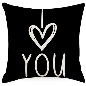 Linen Valentine's Day pillow cover with black fabric and white heart pattern print