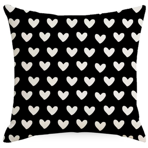Minimalist Valentine Linen Pillow Cover with White Heart Pattern on Black Background