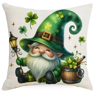 Detail of St. Patrick's Day cushion cover with green gnome and clover illustration