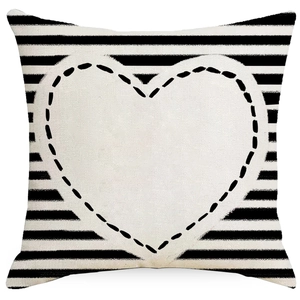 Square linen throw pillow cover with black and white stripes and a large white heart pattern