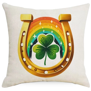 Detailed texture of cotton linen cushion featuring lucky horseshoe and rainbow print