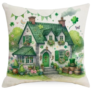 Detail of St. Patrick's Day pillowcase with watercolor cottage, clover and green hat