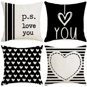 Valentine's Day Linen Throw Pillow Cover Black White Heart Letter Print Square Cushion Case For Living Room Home Decor