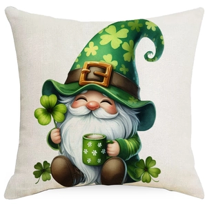 Detail showing St. Patrick's Day gnome pillowcase with green clover and shamrock print