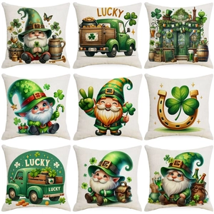 Linen St Patrick's Day Pillow Case Gnome Lucky Clover Irish Theme Decorative Square Cushion Cover For Home Sofa Decor