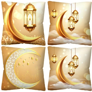 Federa Ramadan Mubarak in Peluche Corto Luna d'Oro con Stampa Lanterna Moschea Islamica Copricuscino Quadrato per la Casa