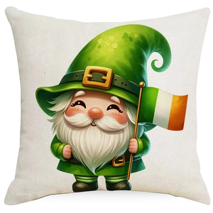 St. Patrick's Day gnome pillow cover with Irish flag and clover print on linen