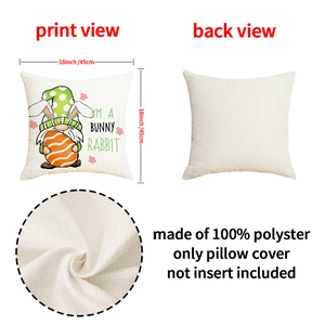 Detailed views of Easter gnome pillow cover in 100% polyester fabric and 18x18 size