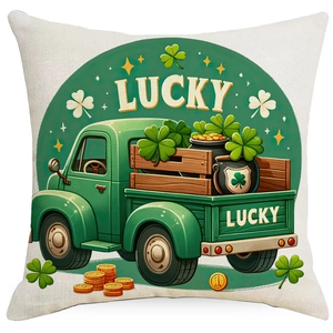 Saint Patrick's Day cushion cover with lucky clover vintage truck and gold coins print