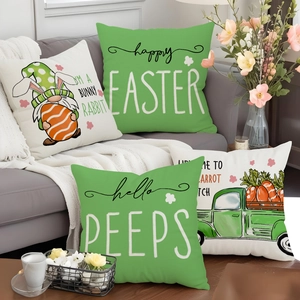 Set of four Easter throw pillow covers with gnome and truck prints on a sofa