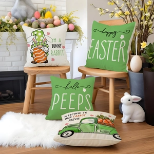 Set of four Easter throw pillow covers with gnome and bunny prints for festive home decor