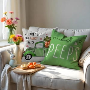 Easter pillow covers with carrot truck and hello peeps text on a cozy sofa