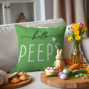 Easter green pillow cover with hello PEEPS text on white sofa with festive decor