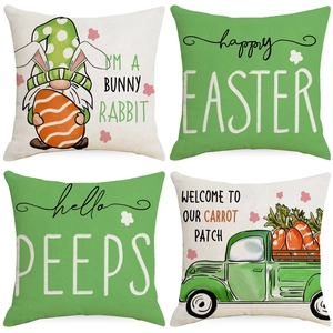 Easter Decorative Linen Pillow Cover Happy Easter Bunny Carrot Truck Print Square Cushion Case For Home Sofa Decor