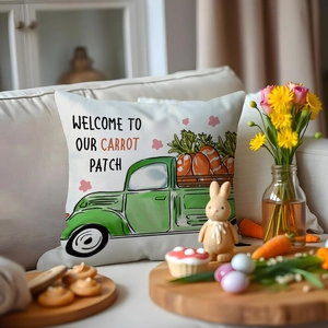 Easter decorative throw pillow cover with vintage green truck and carrot patch design
