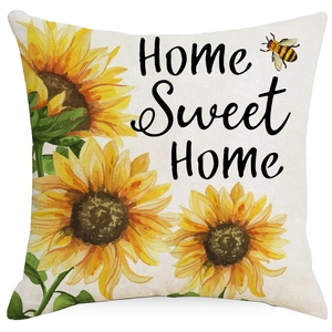 Square sunflower throw pillow cover with bee and Home Sweet Home print on beige fabric