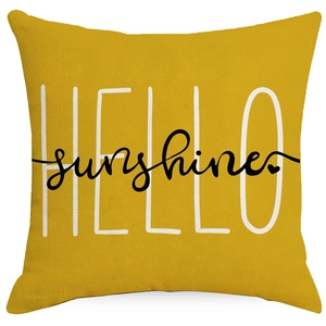 Yellow sunflower decorative pillow cover with Hello Sunshine lettering in cotton linen texture