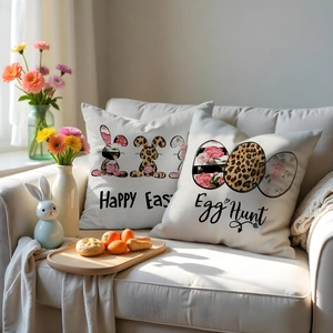 Detail of Easter pillow covers featuring Happy Easter bunny and Egg Hunt floral patterns