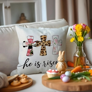 Easter decorative pillow cover with He Is Risen floral crosses on linen fabric