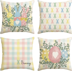 Detailed set of four Easter linen pillow covers with bunny and floral egg patterns