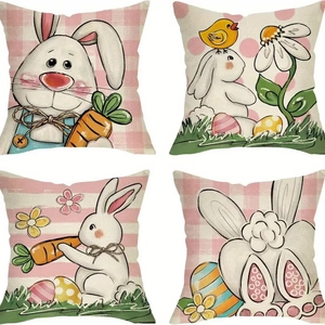 Set of four Easter pillow covers with bunny, eggs, and daisy prints on linen fabric