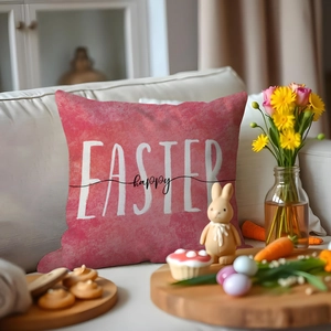 Housse de coussin lapin de Pâques à rayures roses avec bordures ondulées sur canapé