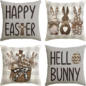 Detail of 4-pack linen Easter pillowcases featuring bunny, eggs, and floral festive prints