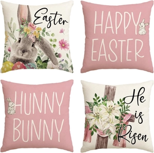 Close-up of Easter linen pillowcase fabric texture with rabbit and floral prints