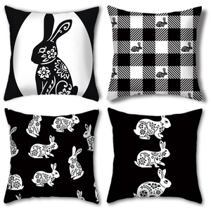 Detailed set of four folk art rabbit patterned pillow covers with mandala textures