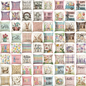 Easter Bunny Colorful Egg Printed Linen Pillowcase Spring Festive Party Decor Sofa Cushion Cover Square Throw Pillow Case