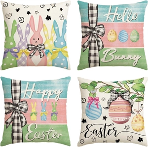 Set of four Easter linen pillow covers with bunny and egg prints for holiday home decor