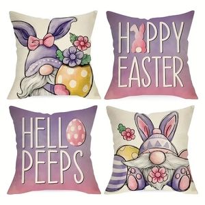 Set of 4 Easter linen pillow covers with bunny gnome and happy easter prints for sofa