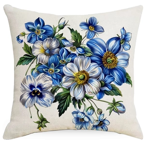 Blue and white floral pattern decorative square throw pillow cover on white background