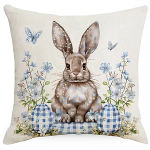 Detailed view of Easter rabbit pillow cover with watercolor blue floral pattern