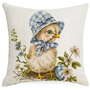 Detailed view of Easter pillowcase featuring a cute chick illustration with blue plaid hat