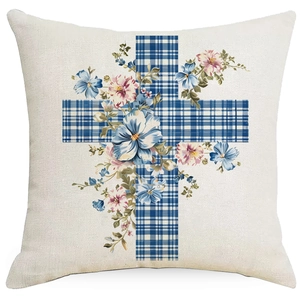 Easter pillow cover with blue plaid cross and vintage watercolor floral rabbit design
