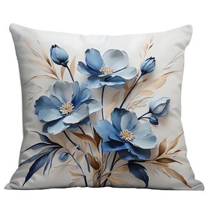 Detailopname van het 3D-reliëf van het blauwe bloemenpatroon op de sierkussenhoes