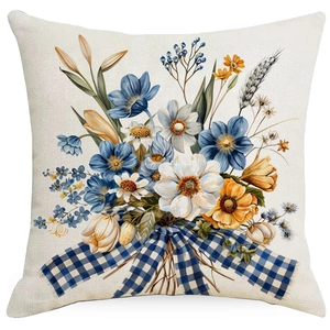 Close-up of Easter cushion cover with blue floral bouquet and plaid bow texture